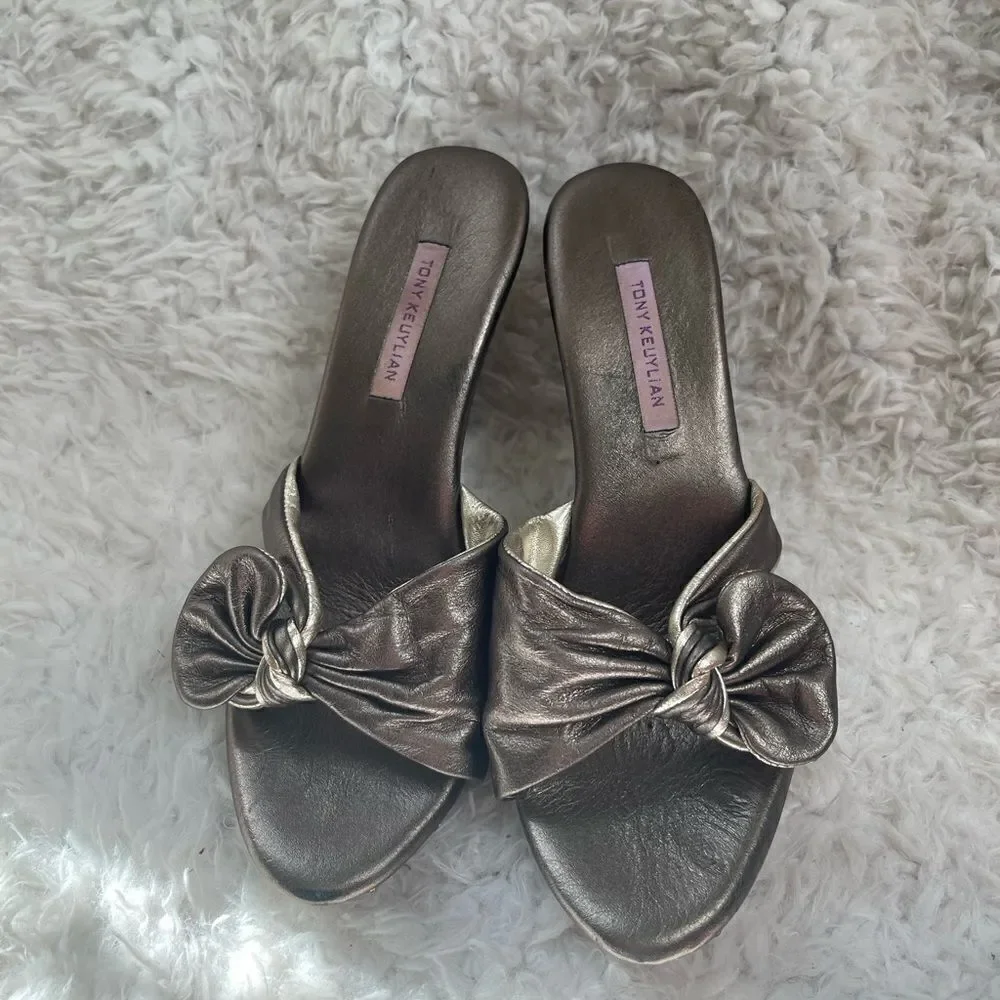 Tony Keuylian leather metallic Bronze and Gold slip on  heels sandals EUR SZ38